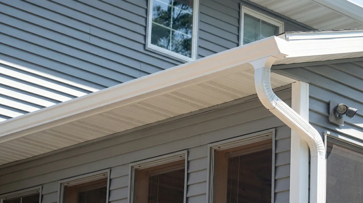 Professional home remodeling project showing newly installed white seamless gutters and downspouts on a house with gray siding in Des Moines, IA