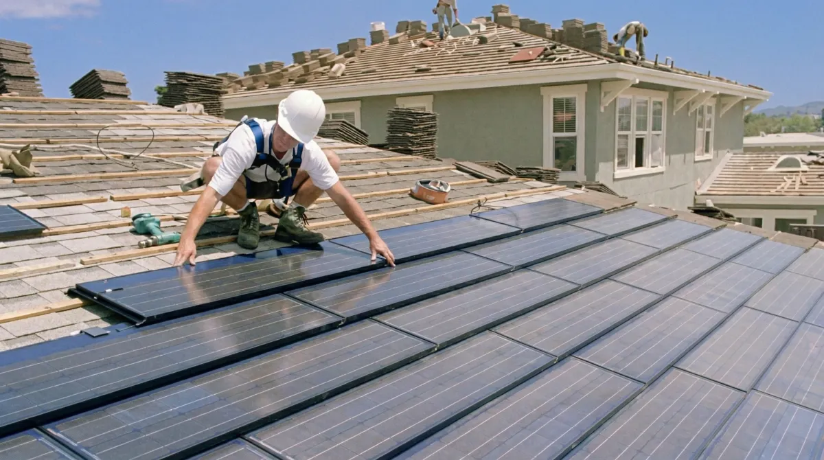Roof replacement expert installing modern solar shingles on a residential home in Des Moines, IA