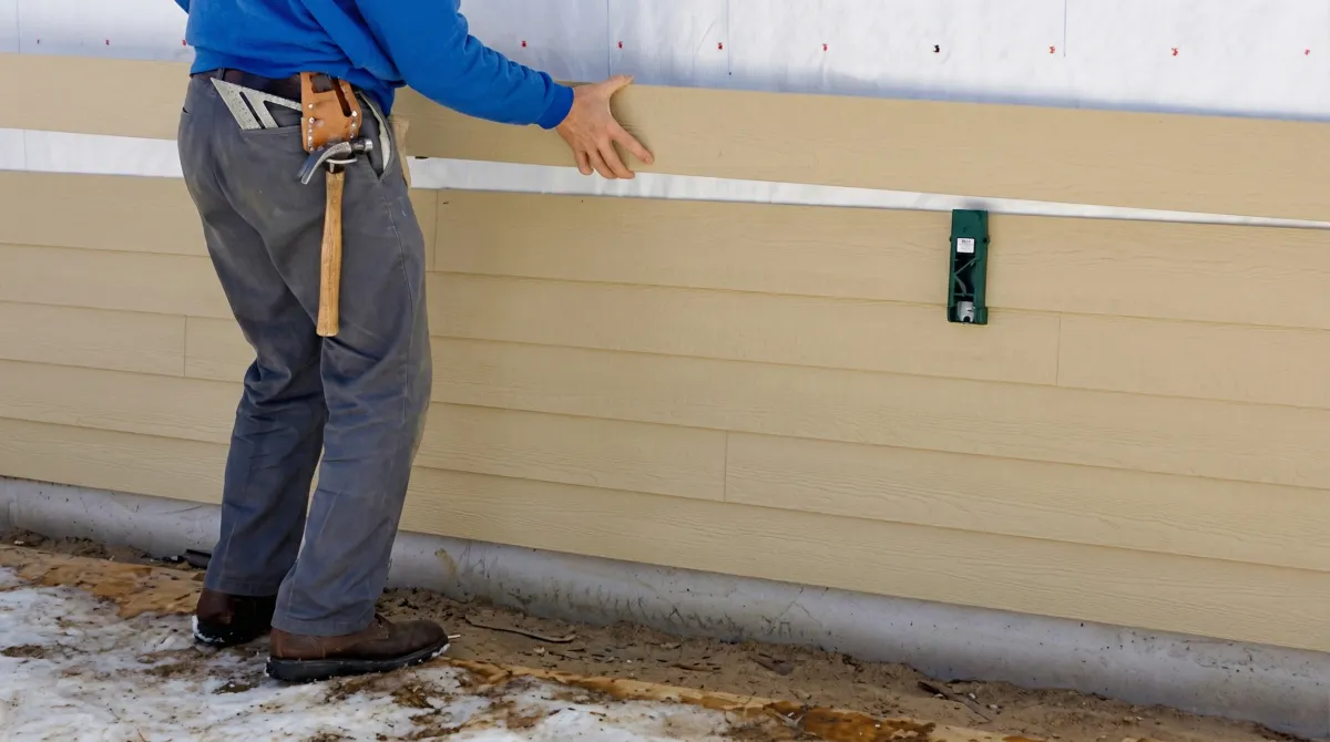 Siding replacement expert carefully aligning a new tan siding panel onto a residential exterior wall in Des Moines, IA