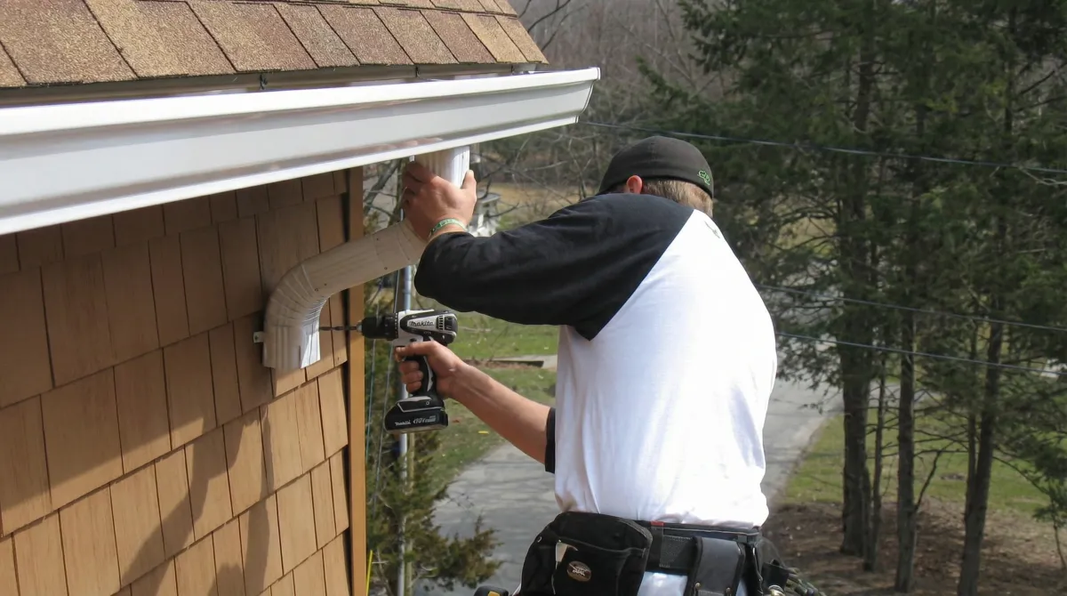 Professional contractor installing tan vinyl siding panels on a residential home exterior in Des Moines, IA