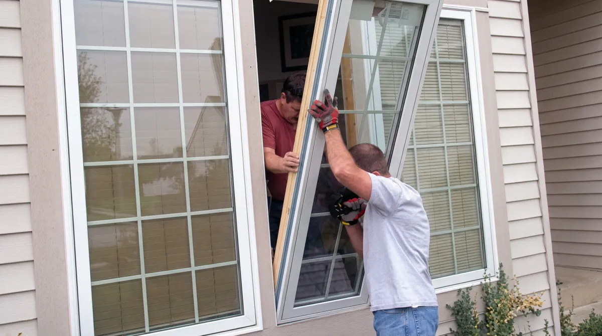 Professional home remodeling team installing a large replacement window on a house with tan siding in Des Moines, IA